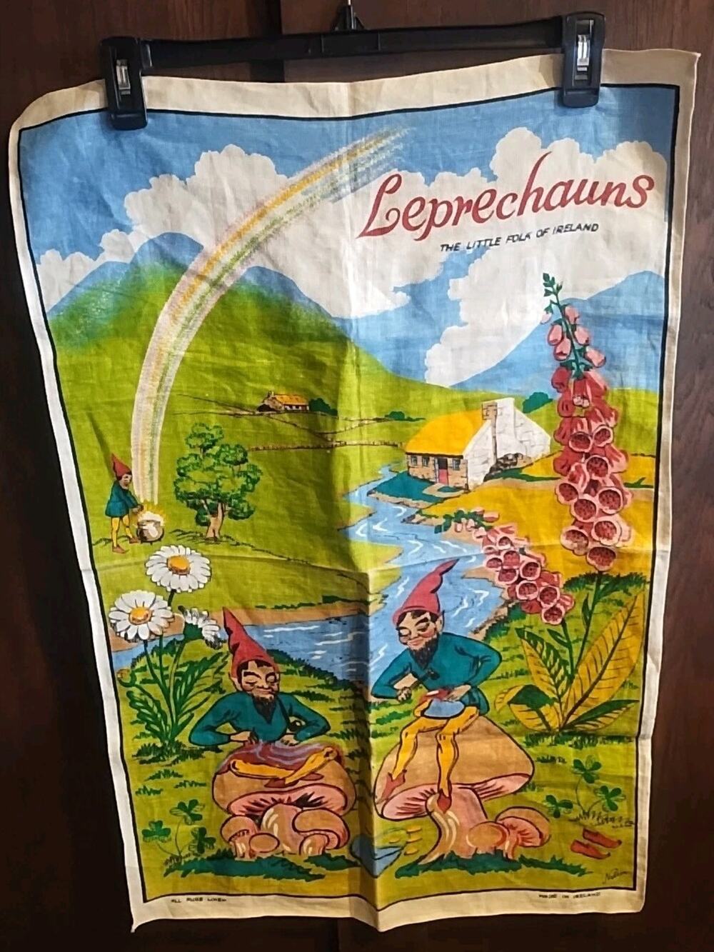 Leprechauns The Little Folk of Ireland Irish Linen Tea Towel Tapestry Pure Linen
